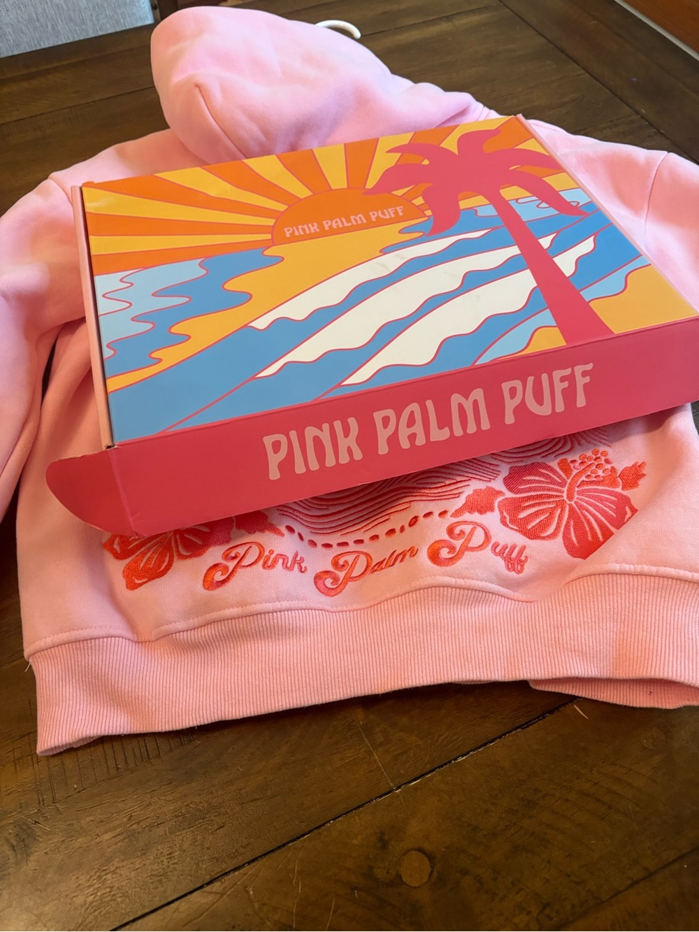 Pink Graphic Hoodie with Puff Floral Script